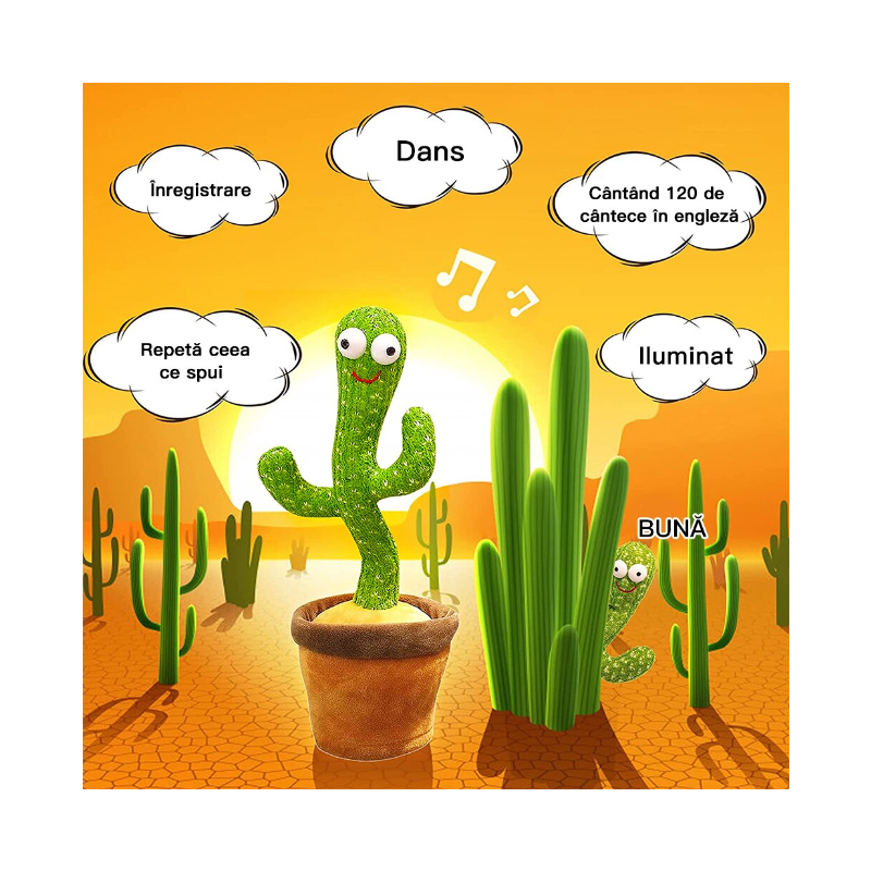 Jucărie Cactus, Cablu USB, Acumulator, Dansează, Imită, Cantă, Educativ, Verde