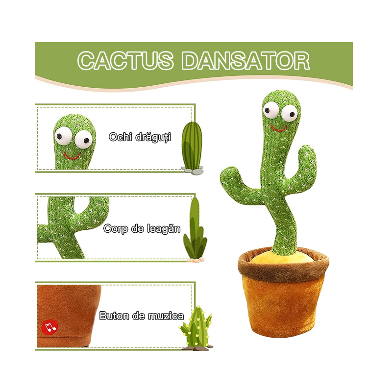 Jucărie Cactus, Cablu USB, Acumulator, Dansează, Imită, Cantă, Educativ, Verde
