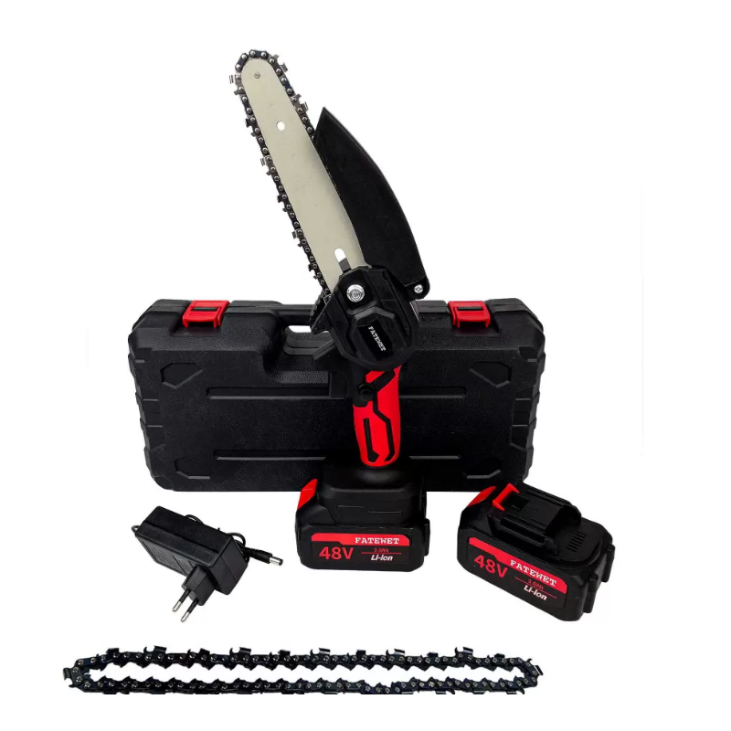 Mini drujbă cu lanț electric, 21V, 1500mAh, 2 Baterii, 2 Lanțuri, Roșu